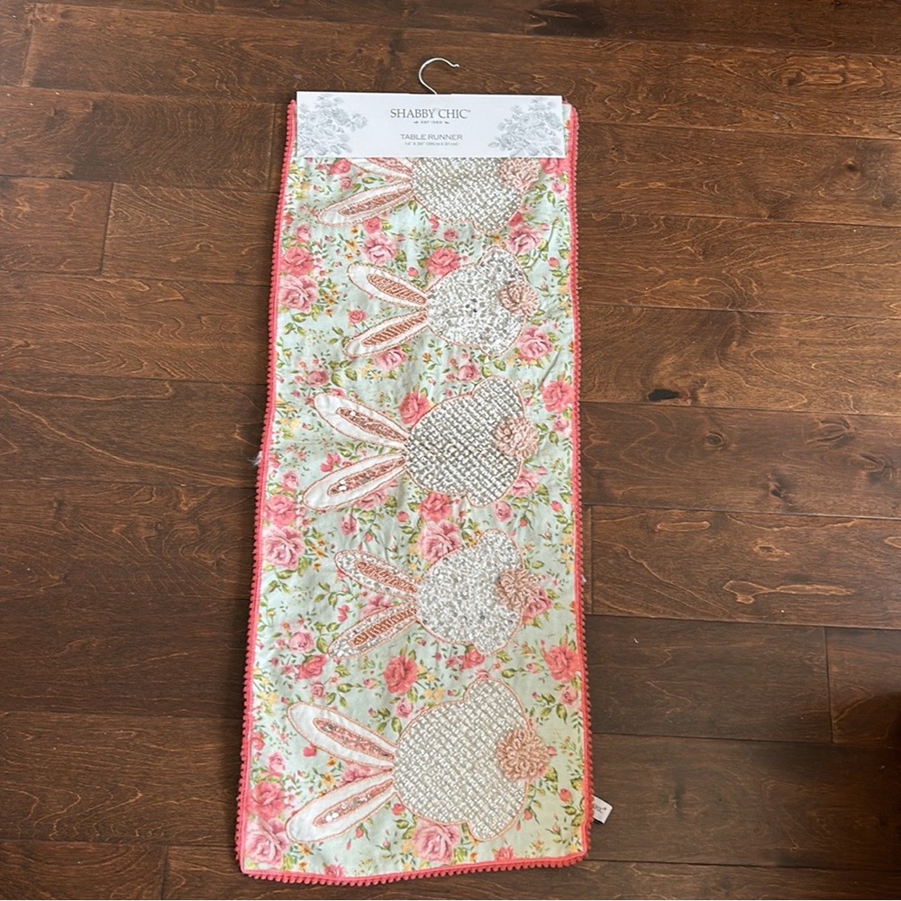 Shabby Chic Easter Bunny Floral Print  Runner Beaded 14”x36” New